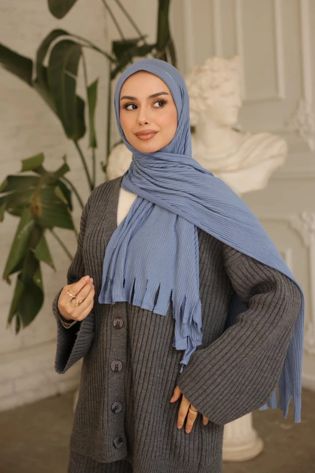 İndigo Helen Önü Süngerli Pratik Piliseli Şal