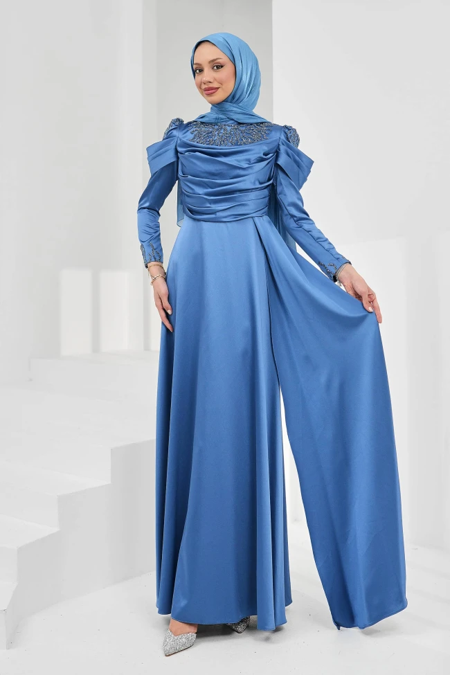 İndigo Önü Drapeli Taşlı Saten Abiye