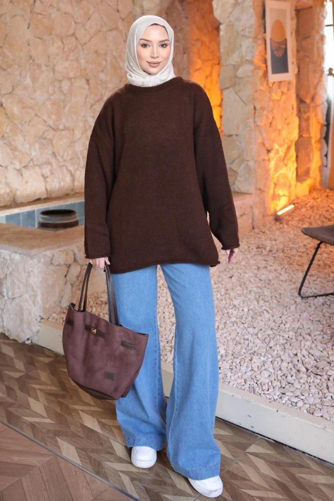 Kahverengi Bisiklet Yaka Oversize Triko Kazak