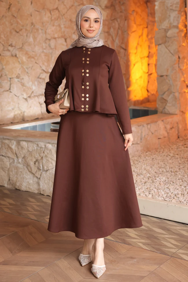 Kahverengi Eteği Volanlı Bluz Etekli Scuba Takım