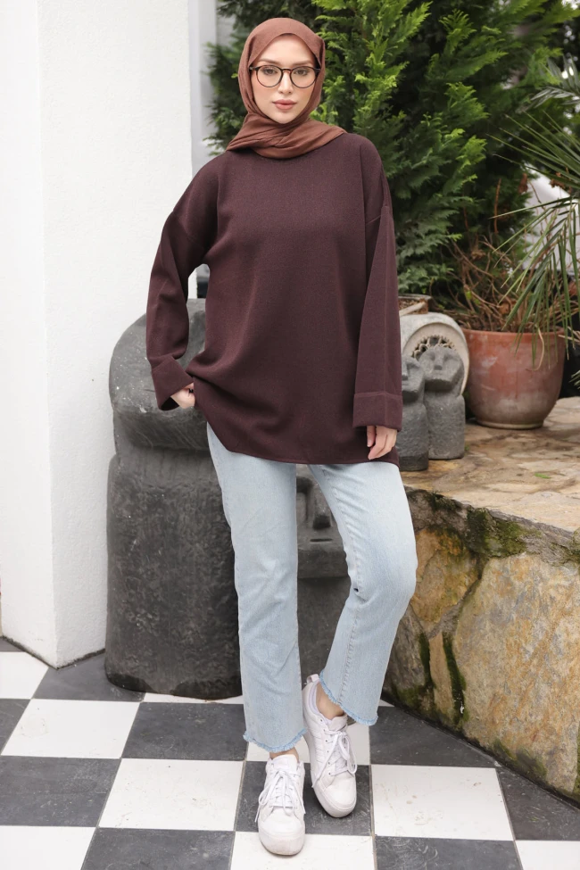 Kahverengi Simli Merserize Triko Tunik