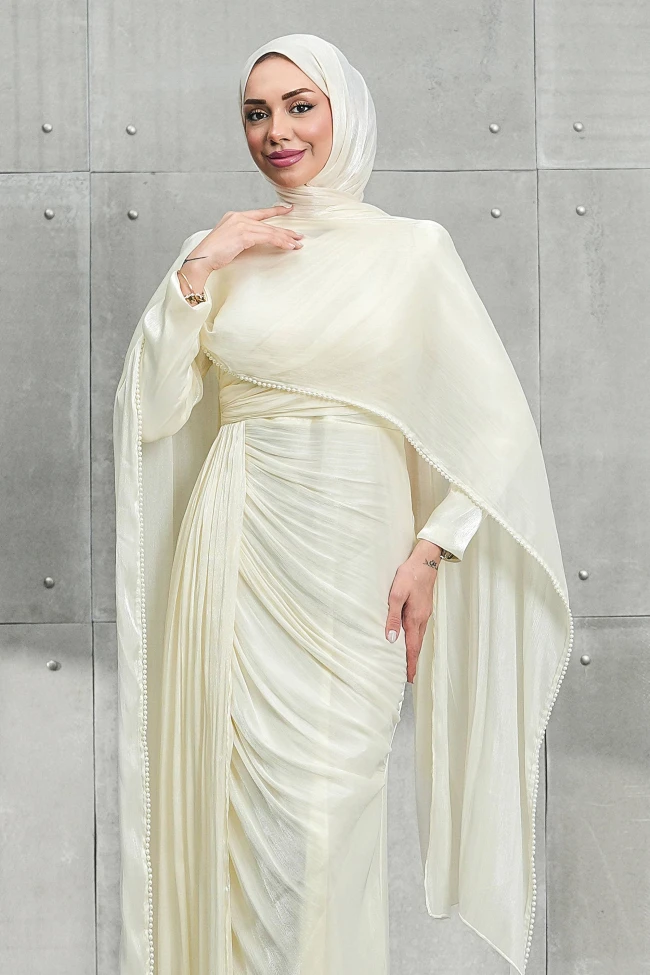 Krem İnci Pelerinli Önü Büzgülü Abiye