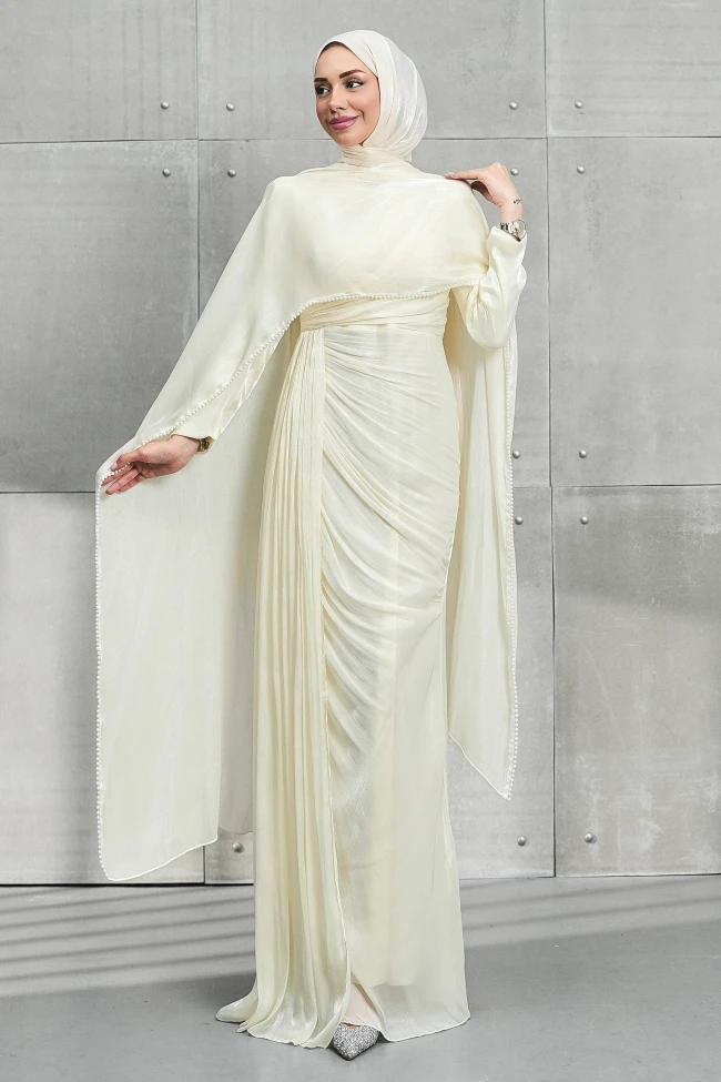 Krem İnci Pelerinli Önü Büzgülü Abiye