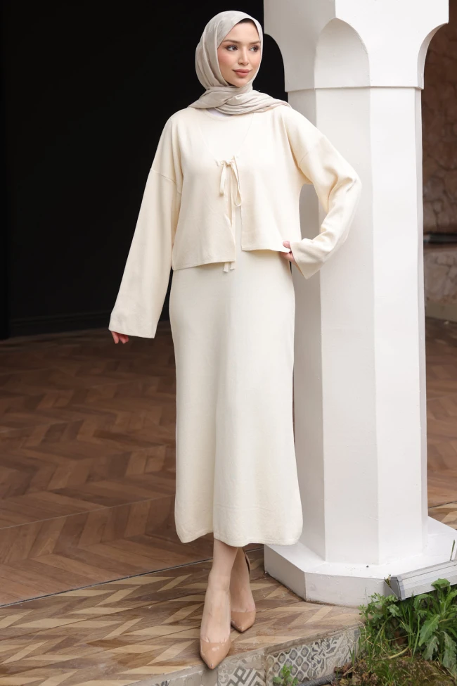 Krem Triko Hırka Elbise İkili Kombin Takım