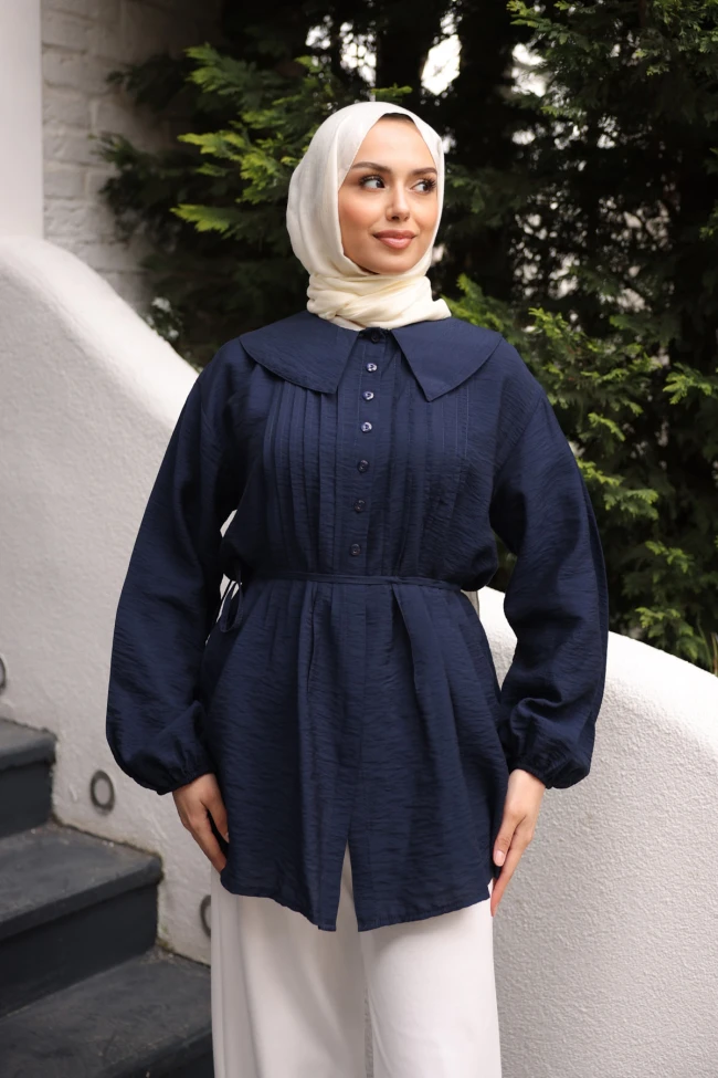 Lacivert Bebe Yaka Bel Bağlamalı Gömlek