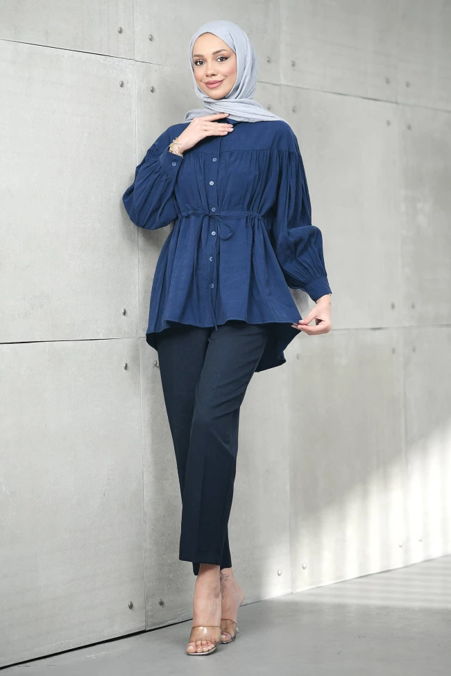 Lacivert Bel Bağlamalı Modal Salaş Tunik