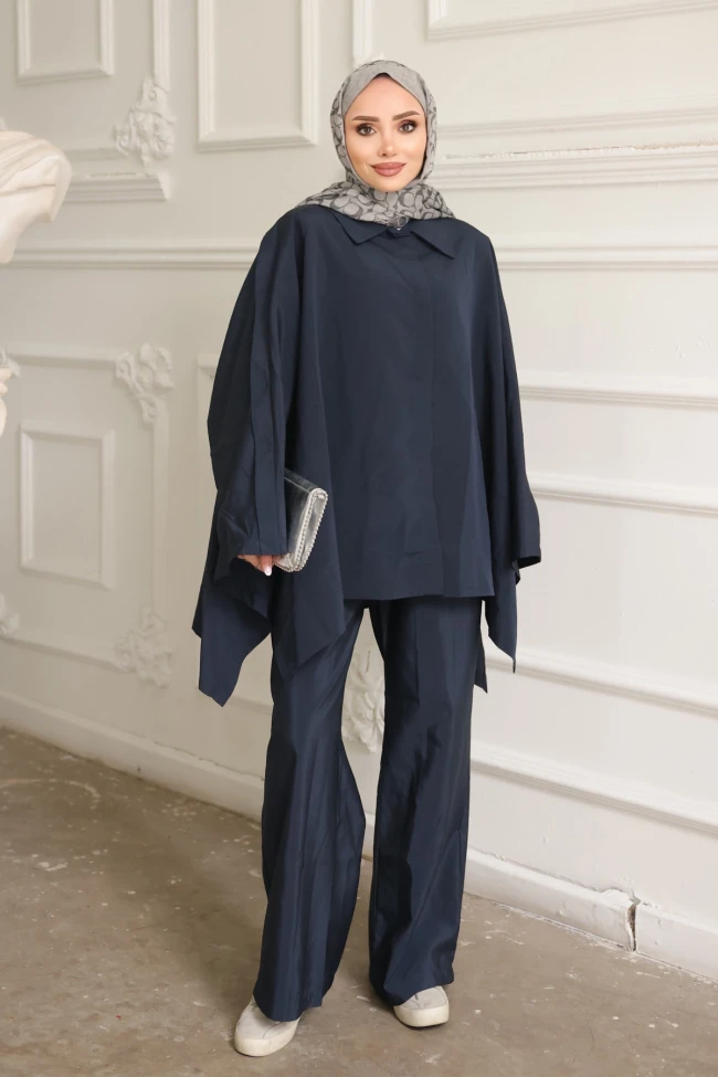 Lacivert Düğmeli Pantolonlu Panço Takım