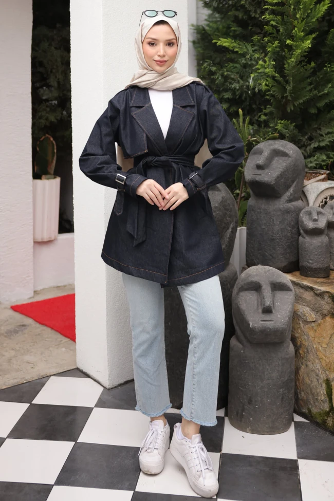 Lacivert Kruvaze Yaka Cepli Kuşaklı Ceket