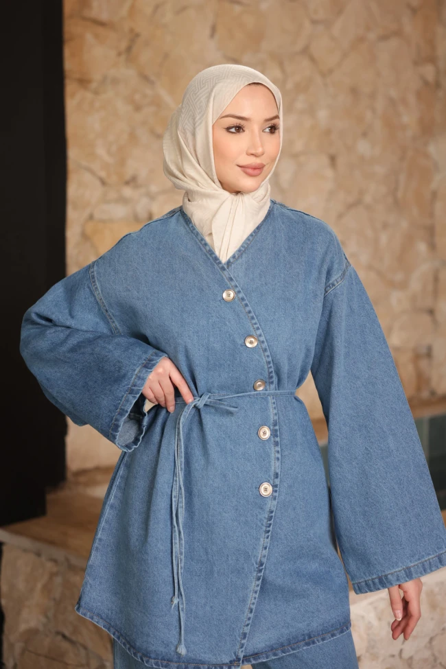 Mavi Düğmeli Ceket Pantolonlu Kot Takım