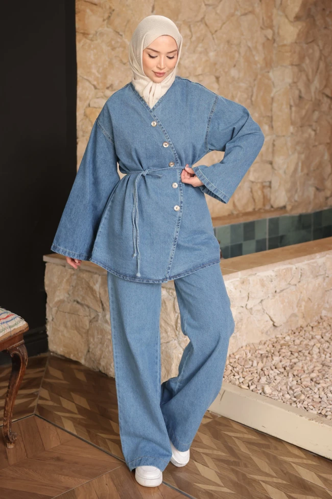 Mavi Düğmeli Ceket Pantolonlu Kot Takım