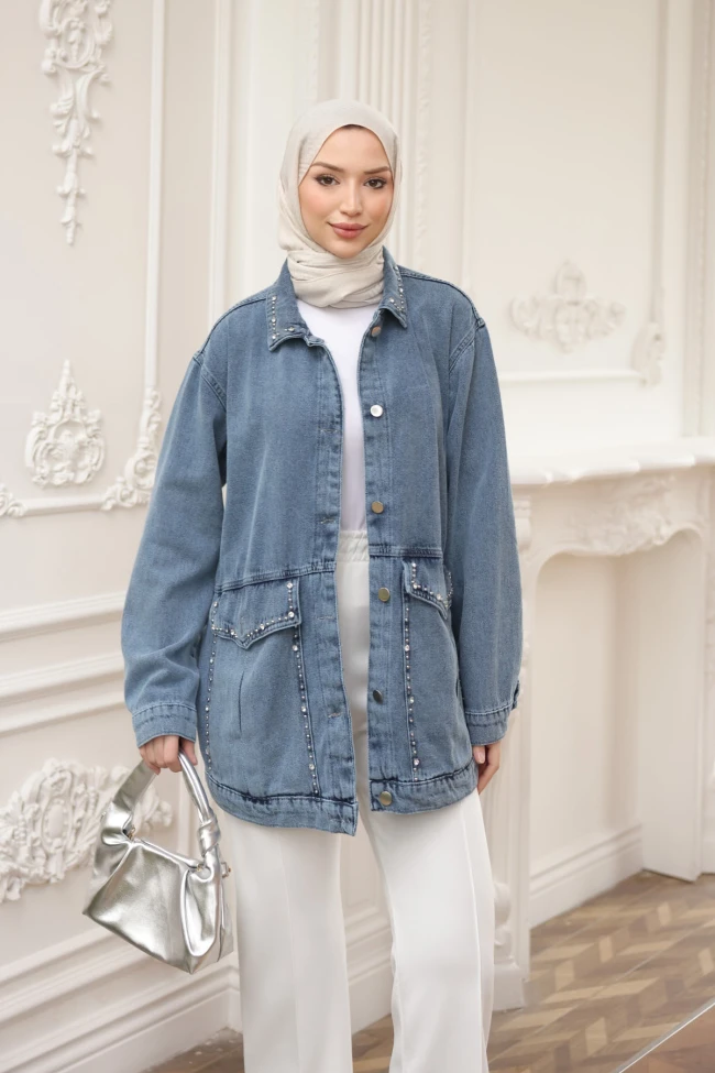 Mavi Taşlı Kot Ceket