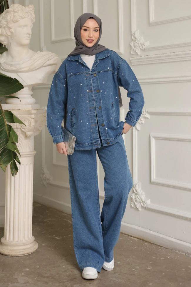Mavi Taşlı Kot Ceket Pantolonlu Takım
