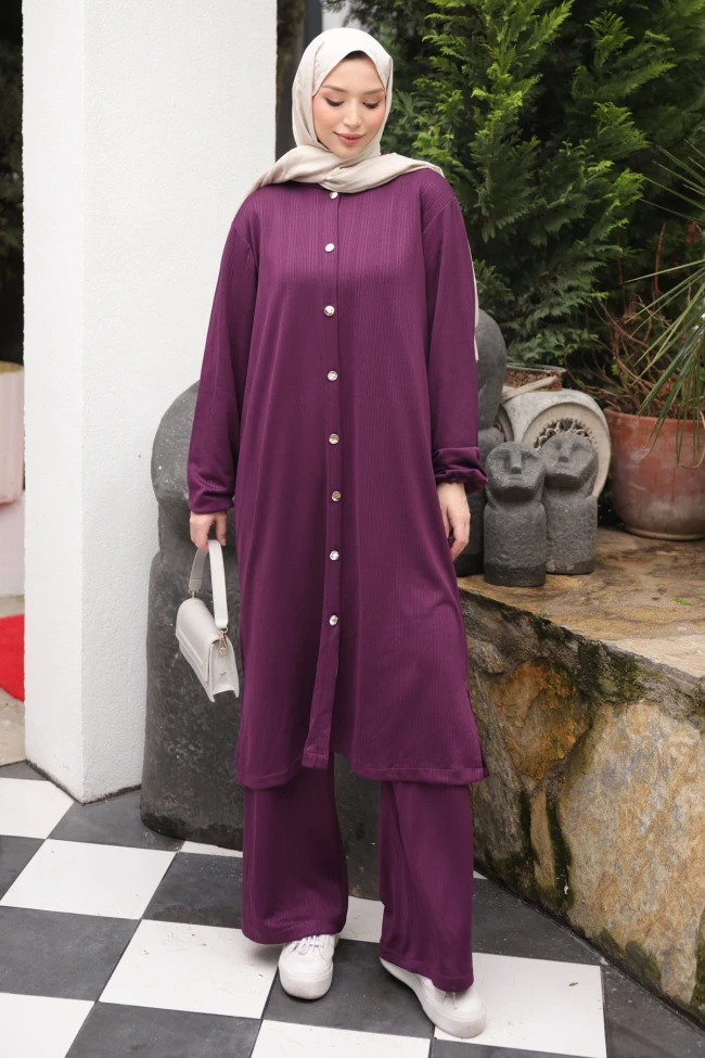 Mor Düğmeli Tunik Pantolonlu Bürümcük Takım