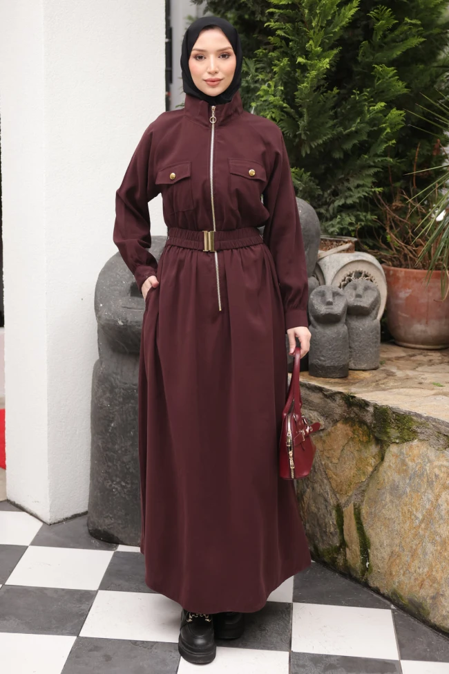 Mürdüm Fermuarlı Lastik Kemerli Elbise