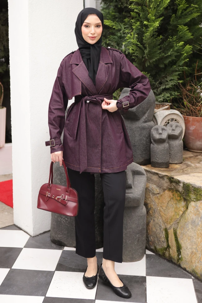 Mürdüm Kruvaze Yaka Cepli Kuşaklı Ceket