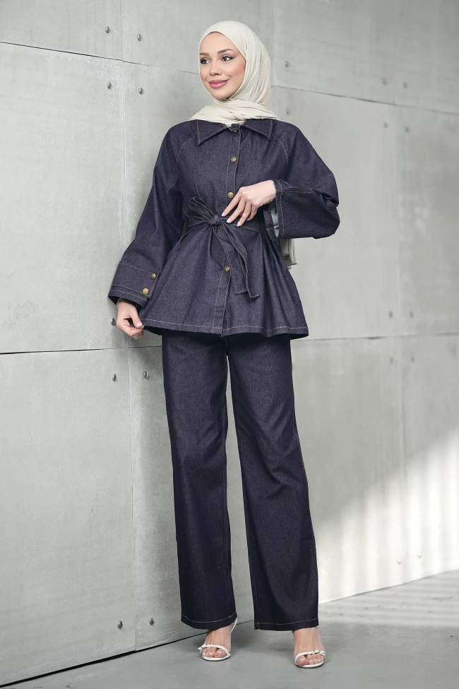 Mürdüm Kuşaklı Ceket Pantolonlu Kot Takım