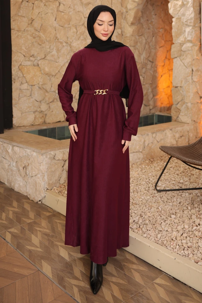 Mürdüm Zincir Kuşaklı Fitilli Uzun Elbise