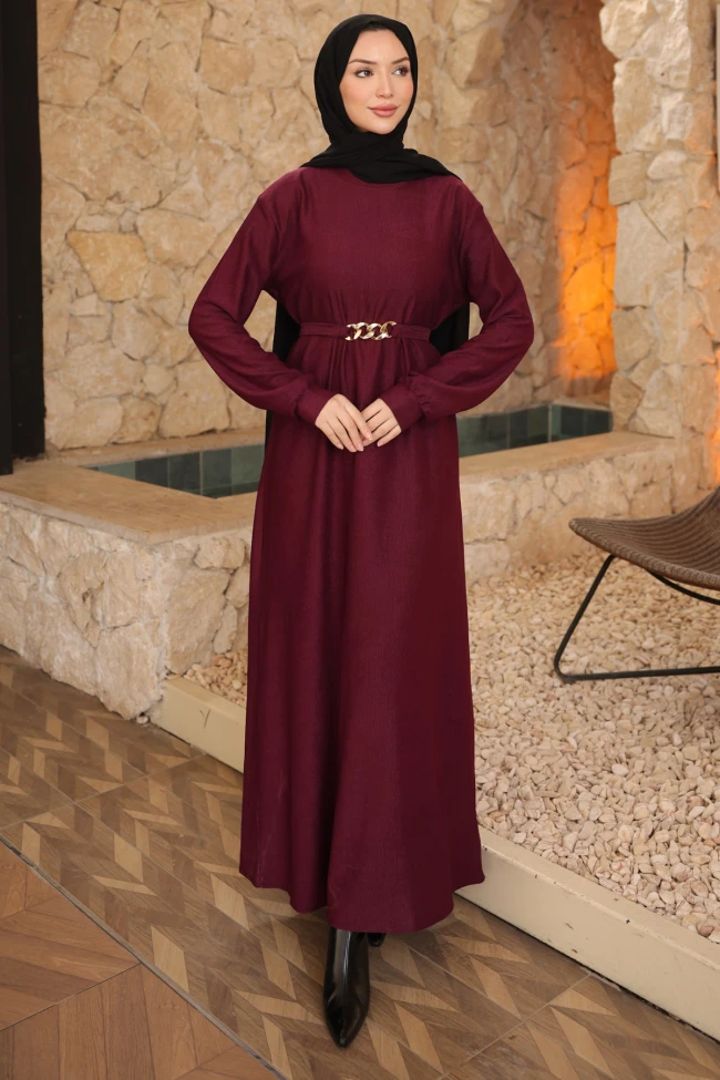 Mürdüm Zincir Kuşaklı Fitilli Uzun Elbise