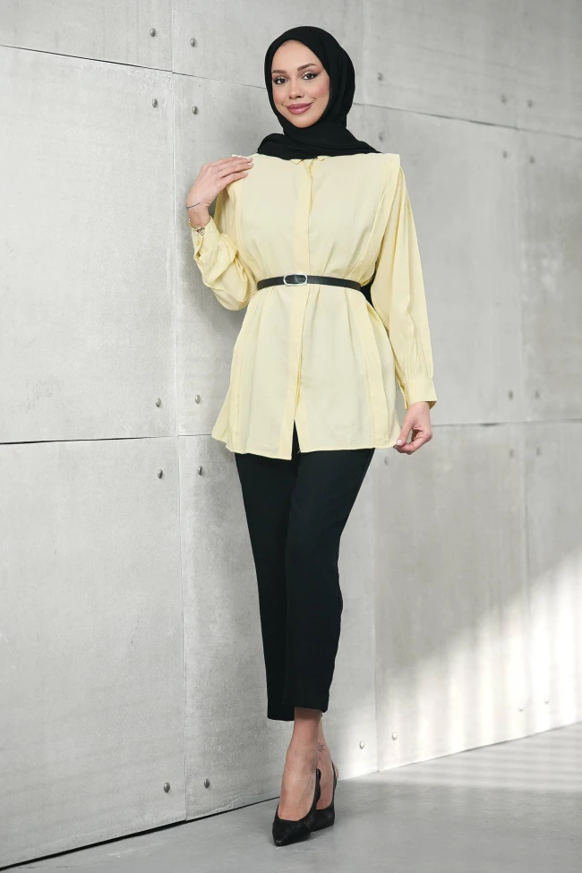 Sarı Gizli Patlı Belden Kemerli Modal Dokuma Tunik