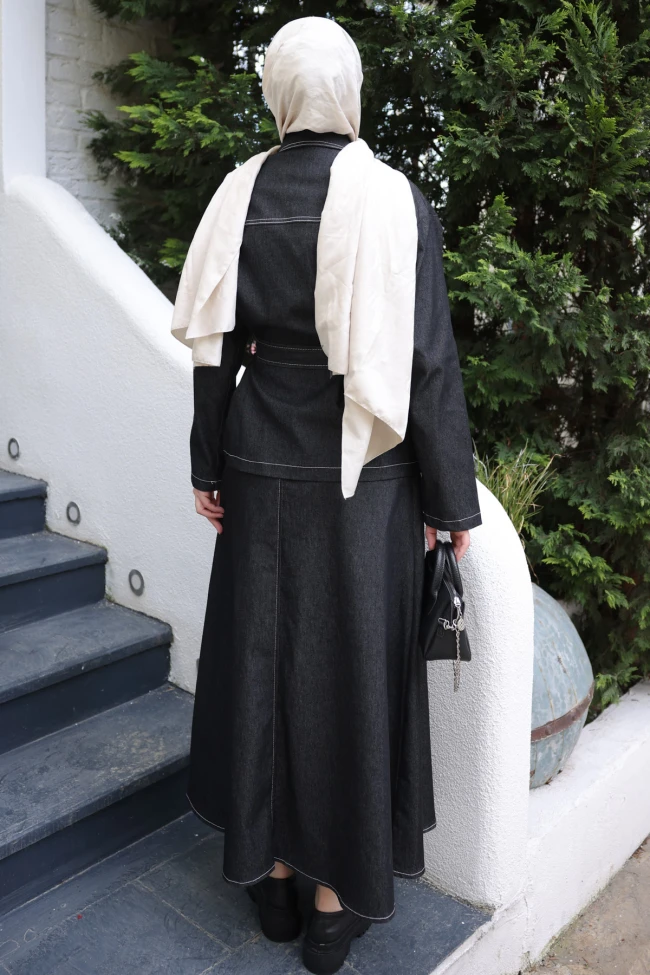 Siyah Bel Kuşaklı Çift Cepli Ceket Etekli Takım