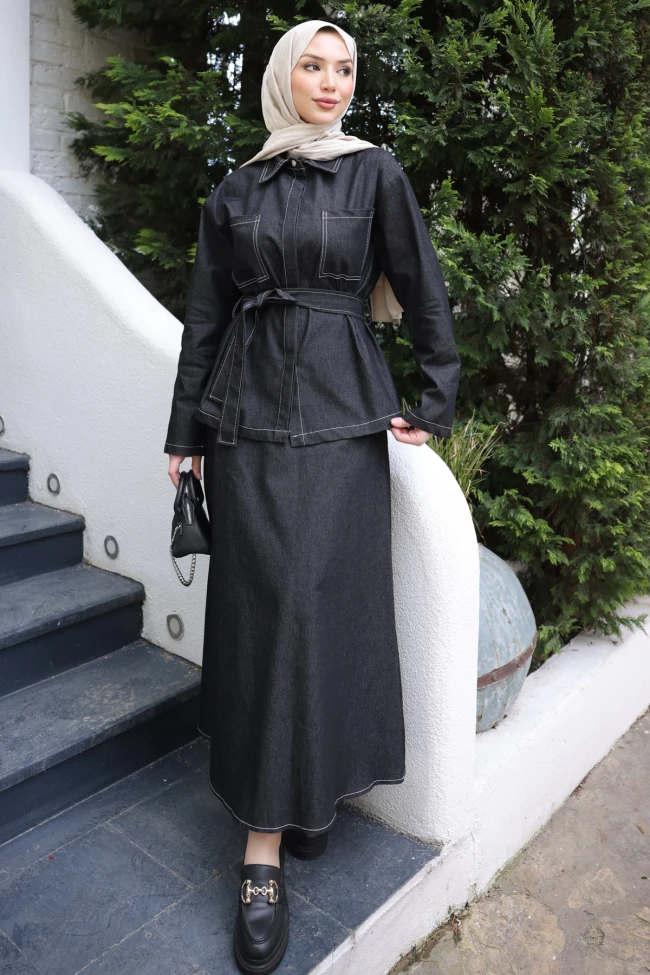 Siyah Bel Kuşaklı Çift Cepli Ceket Etekli Takım