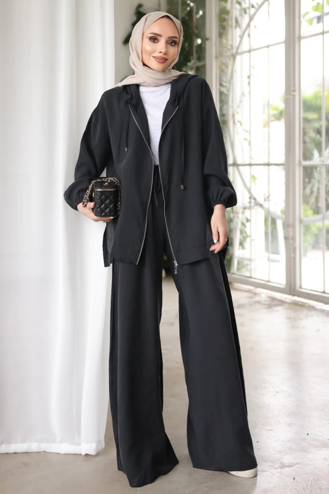 Siyah Kapüşonlu Bol Paça Ceket Pantolonlu Takım