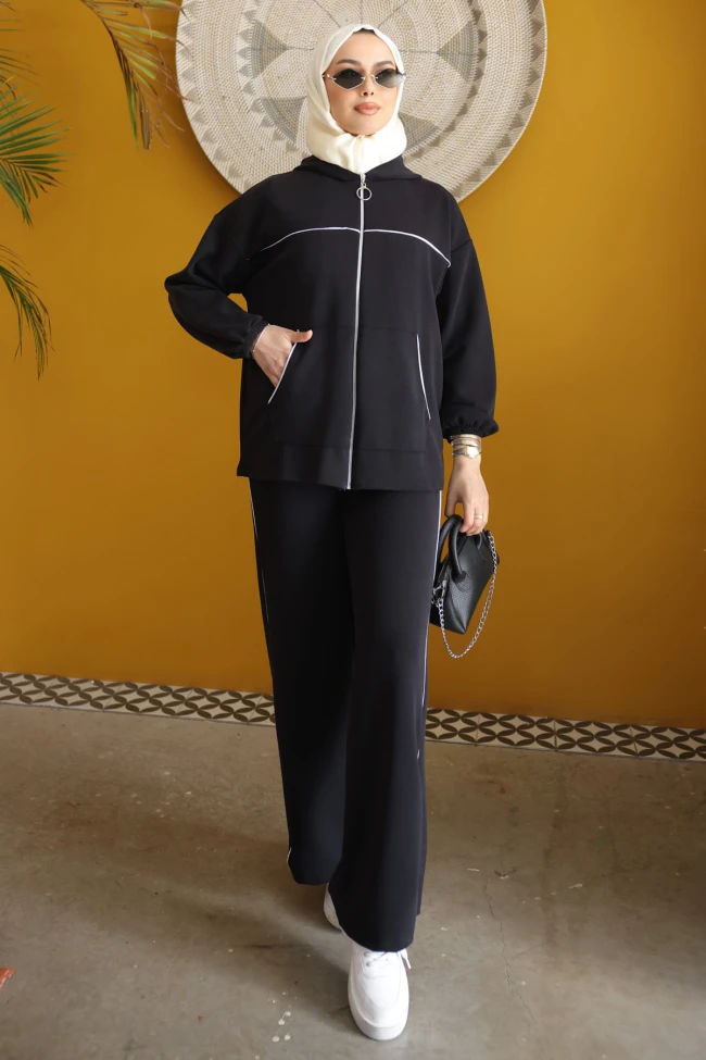 Siyah Kapüşonlu Fermuarlı Sweat Hırka Pantolonlu Takım