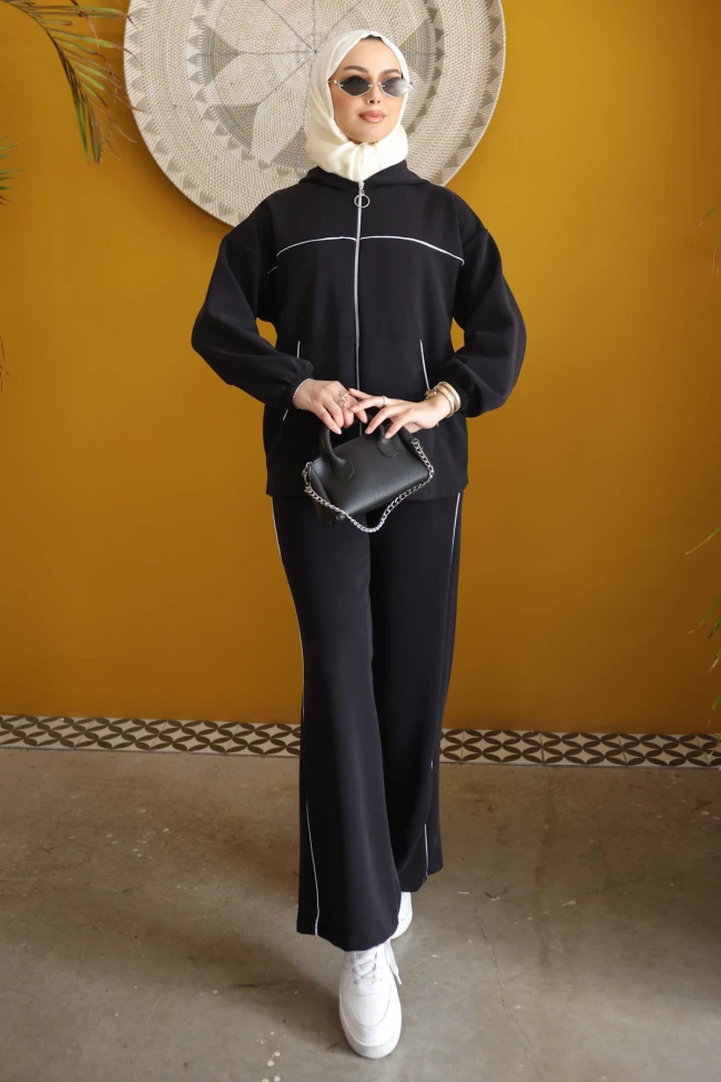 Siyah Kapüşonlu Fermuarlı Sweat Hırka Pantolonlu Takım