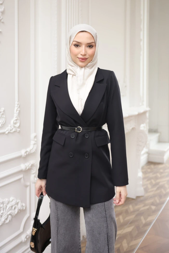 Siyah Kravuze Yaka Kemerli Astarlı Ceket