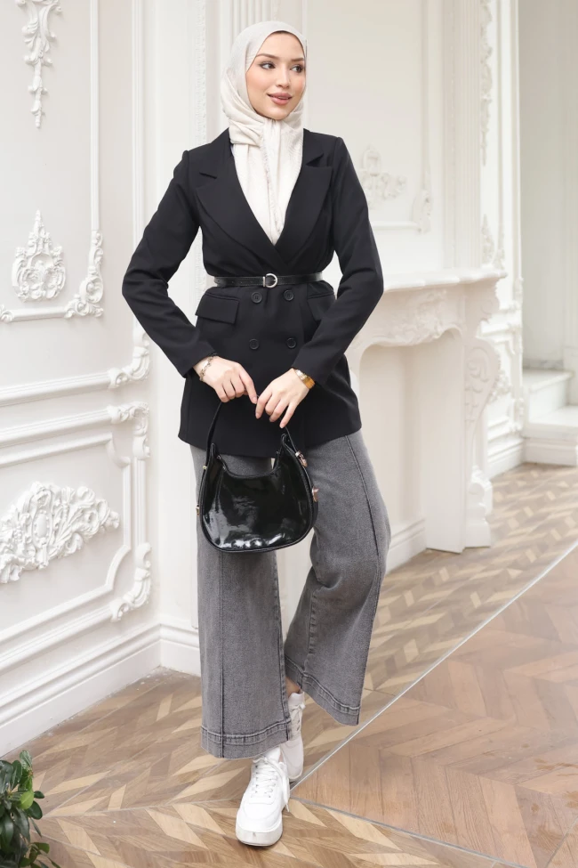 Siyah Kravuze Yaka Kemerli Astarlı Ceket