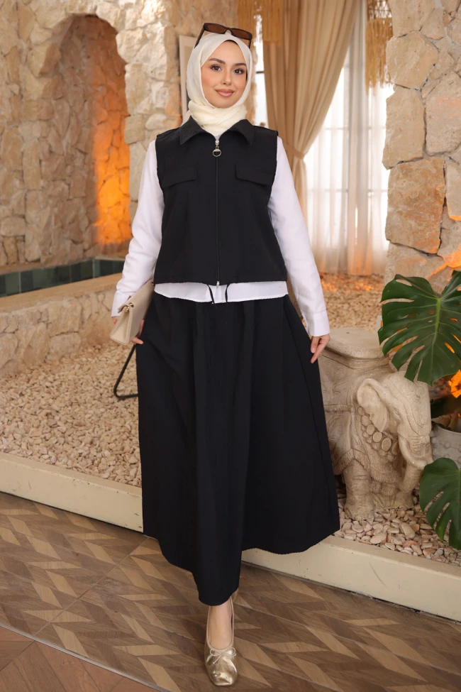 Siyah Yelek Gömlek Etek Üçlü Takım