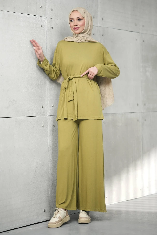 Yağ Yeşili Bel Bağlamalı Tunik Pantolonlu Modal Takım