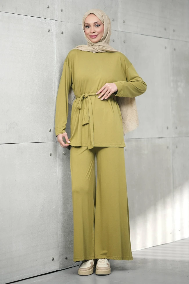 Yağ Yeşili Bel Bağlamalı Tunik Pantolonlu Modal Takım