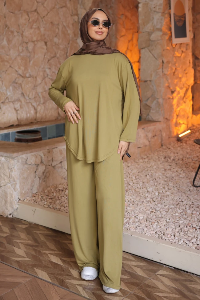 Yağ Yeşili Tunik Pantolonlu Modal Takım