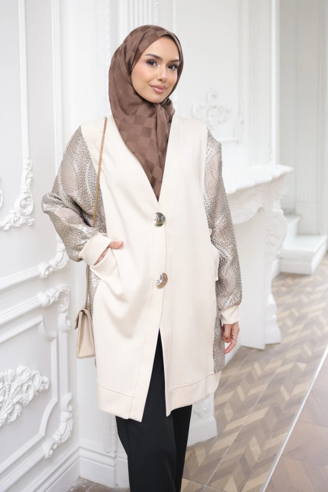 Bej Fermuarlı Detaylı Tunik Pantolonlu Takım