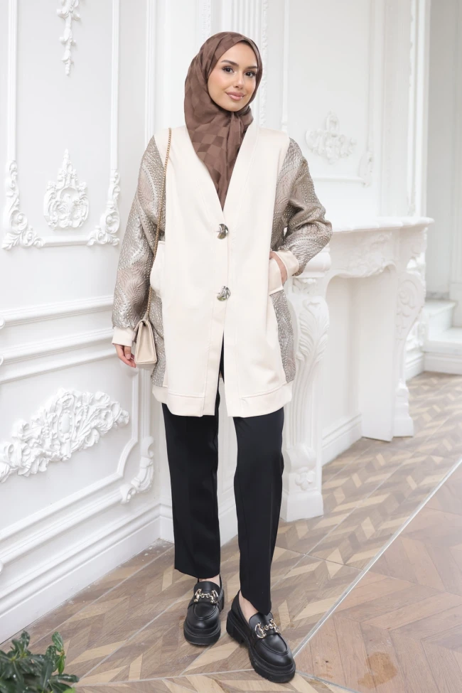 Bej Fermuarlı Detaylı Tunik Pantolonlu Takım