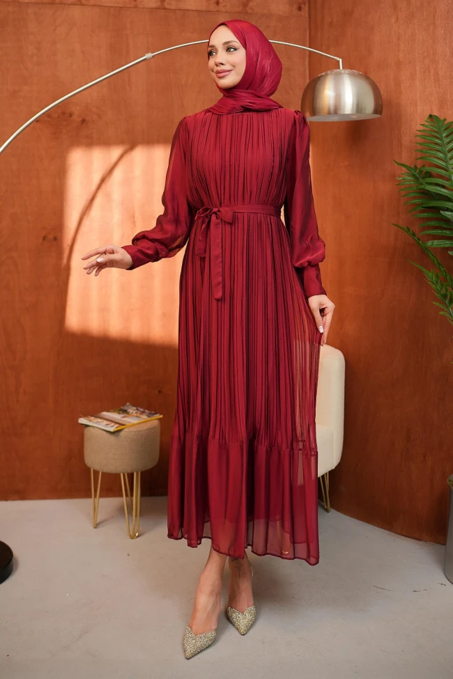 Bordo Bel Kuşaklı Tül Detaylı Elbise