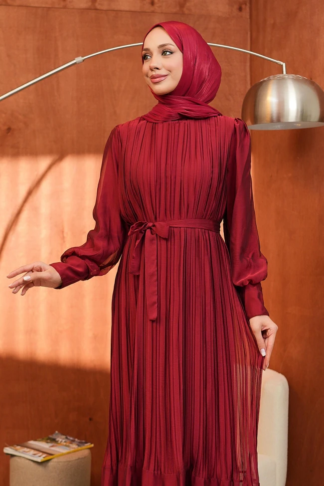 Bordo Bel Kuşaklı Tül Detaylı Elbise