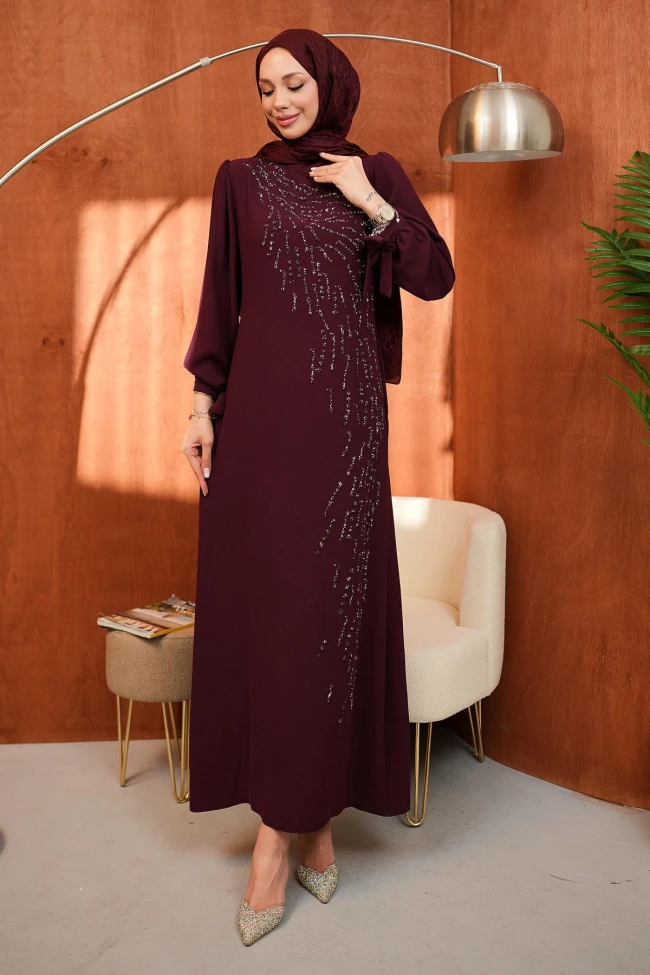 Bordo Bisiklet Yaka Taş İşlemeli Abiye