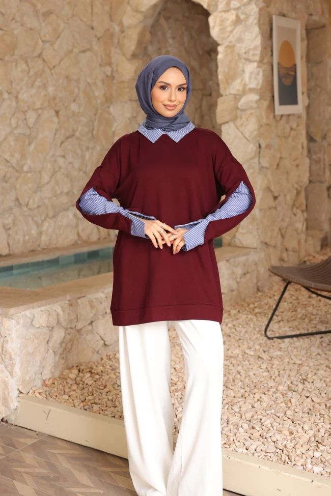 Bordo Çizgili Dokuma Modal Garnili Tunik