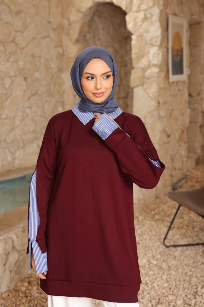 Bordo Çizgili Dokuma Modal Garnili Tunik