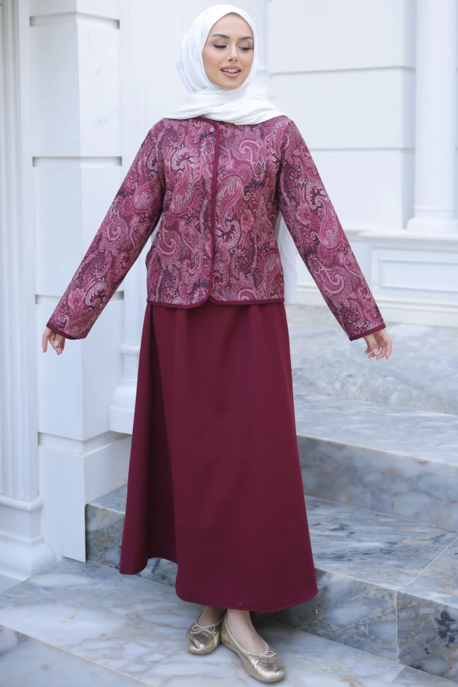 Bordo Etnik Desenli Ceket Etekli Takım