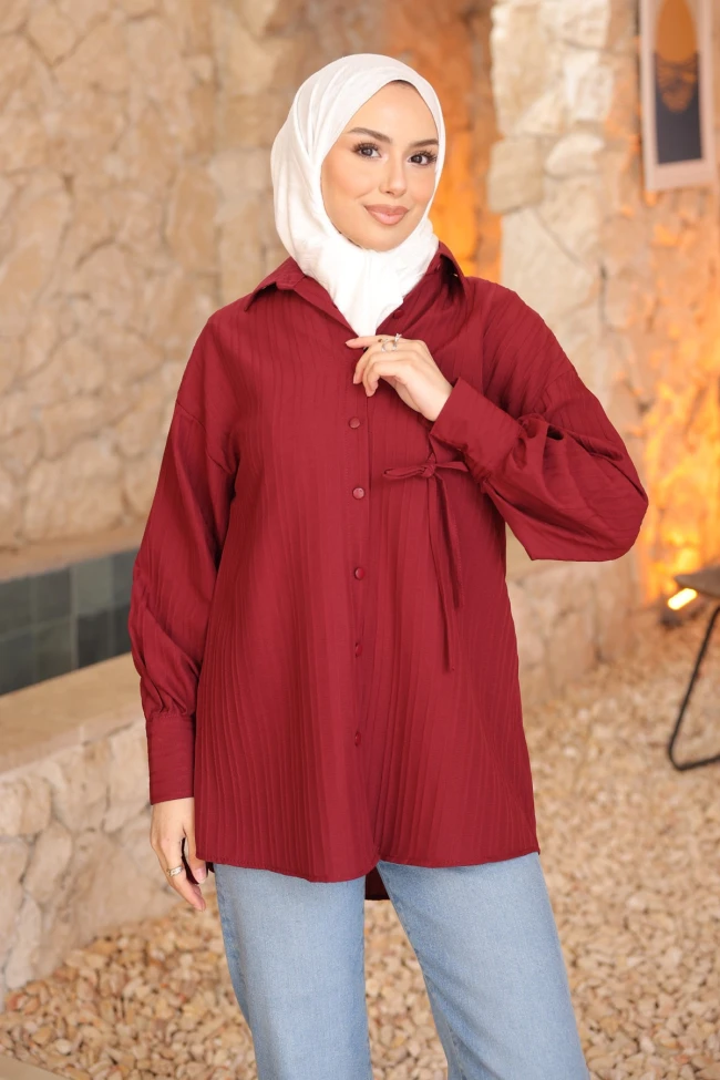 Bordo Kol Bağlamalı Düğmeli Gömlek