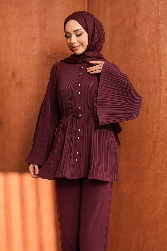 Bordo Piliseli Hakim Yaka Tunik Pantolonlu Krep Takım