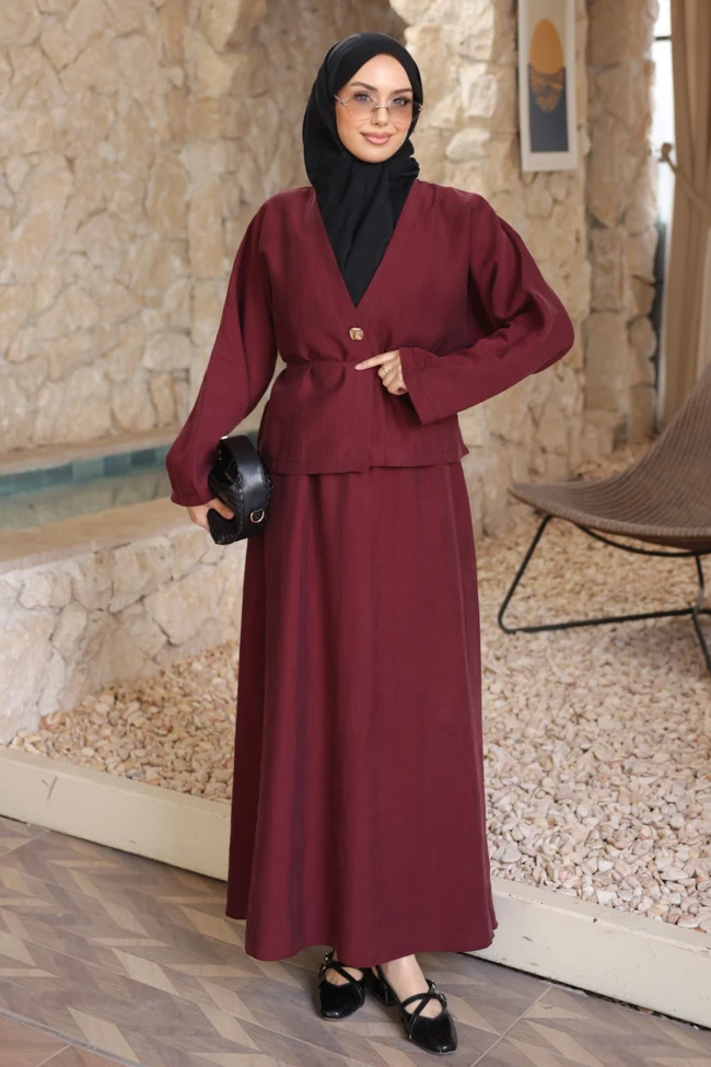 Bordo Yarasa Kollu Ceket Etekli Takım