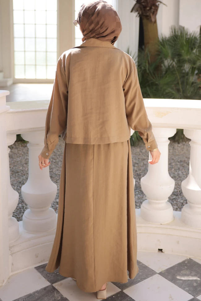 Camel Fermuarlı Ceket Etekli Takım