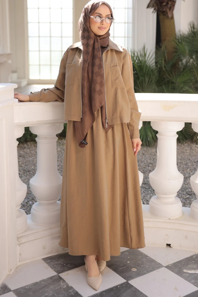 Camel Fermuarlı Ceket Etekli Takım