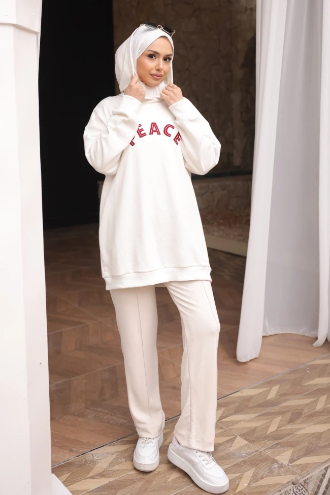 Ekru Nakışlı İşlemeli Kapşonlu Tunik Sweat