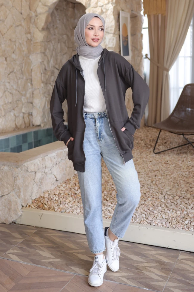 Füme Kanguru Cepli Üç İplik Sweatshirt