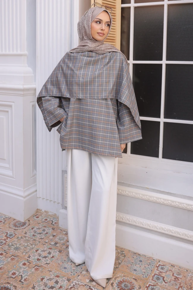 Gri Ekose Desen Bel Bağlamalı Şal Detay Tunik